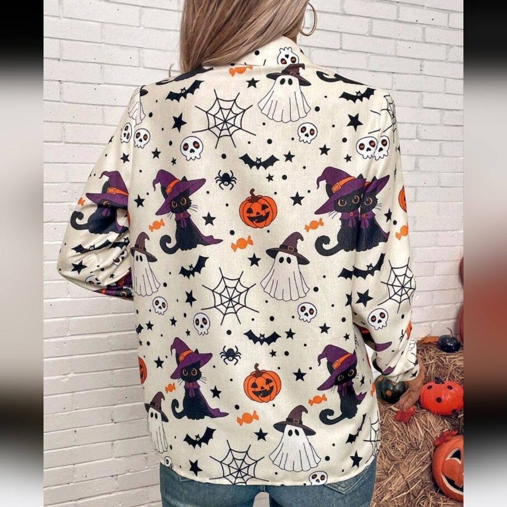 Women Halloween Print Button Down Long Sleeve Autumn Shirt Blouse Fall Clothing - Picture 2 of 5